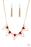 The Pack Leader Necklaces-Lovelee's Treasures-adjustable clasp closure,fierce geometric fringe,glistening gold triangular frames,jewelry,necklaces,red,robust red beading
