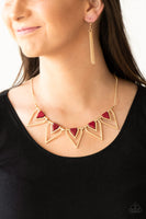 The Pack Leader Necklaces-Lovelee's Treasures-adjustable clasp closure,fierce geometric fringe,glistening gold triangular frames,jewelry,necklaces,red,robust red beading