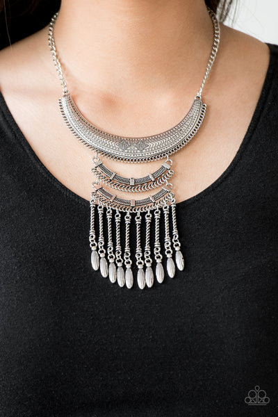 Eastern Empress   Necklaces-Lovelee's Treasures-eye-catching,fringe,jewelery,necklaces,silver,silver beads,three silver plates,tribal inspired