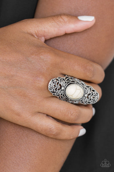 Ego Trippin Rings-Lovelee's Treasures-dramatic frame,earthy white stone center,flexible fit,glistening silver filigree,jewelry,rings,stretchy band,white