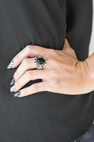 Noticeably Notable Rings-Lovelee's Treasures-black,bubbly silver frame,flexible fit,glassy white rhinestones,jewelry,polished black beads,rings,stretchy band