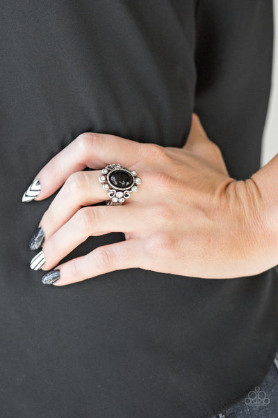 Noticeably Notable Rings-Lovelee's Treasures-black,bubbly silver frame,flexible fit,glassy white rhinestones,jewelry,polished black beads,rings,stretchy band