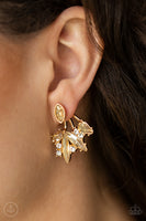 Deco Dynamite  Earrings     767-Lovelee's Treasures-double-sided,earrings,fasten behind the ear,gold,golden marquise,jewelery,marquise,post fitting,solitaire,white and golden rhinestones