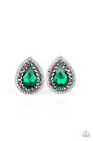 Debutante Debut Earrings-Lovelee's Treasures-earrings,glittery hematite rhinestones,green,green teardrop gem,jewelry,shimmery silver links,silver frame,sparkling center,standard post fitting