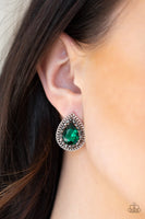 Debutante Debut Earrings-Lovelee's Treasures-earrings,glittery hematite rhinestones,green,green teardrop gem,jewelry,shimmery silver links,silver frame,sparkling center,standard post fitting