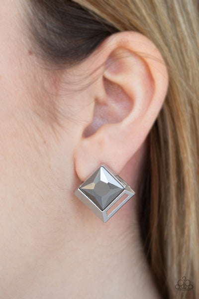 Stellar Square   Earrings     732-Lovelee's Treasures-earrings,faceted hematite rhinestone,jewelery,silver,square-cut,standard post fitting