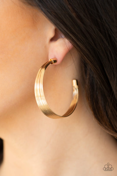 Live Wire - Gold Earrings-Lovelee's Treasures-2" in diameter,earrings,gold,hoop,jewelry,standard post fitting