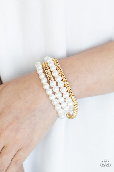 Industrial Incognito Bracelets-Lovelee's Treasures-bold collision,bracelets,glistening gold chains,gold,industrial glamour,jewelry,pearly white beads,stretchy bands