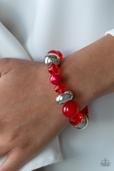 Ice Ice-Breaker Bracelets-Lovelee's Treasures-bracelets,crystal-like red beads,jewelry,mismatched silver beads,opaque,pearly,polished,red,stretchy band
