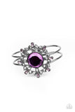 Elaborate Elegance Bracelets-Lovelee's Treasures-airy gunmetal cuff,bracelets,Glittery purple,hematite petals,hinged closure,jewelry,oversized purple rhinestone center,purple