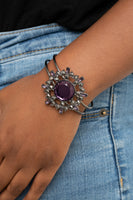 Elaborate Elegance Bracelets-Lovelee's Treasures-airy gunmetal cuff,bracelets,Glittery purple,hematite petals,hinged closure,jewelry,oversized purple rhinestone center,purple