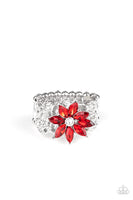 Brilliantly Blooming Rings-Lovelee's Treasures-dainty white rhinestones,flexible fit,glittery flower blooms,jewelery,red,rhinestone petals,rings,silver band,stretchy band,studded texture