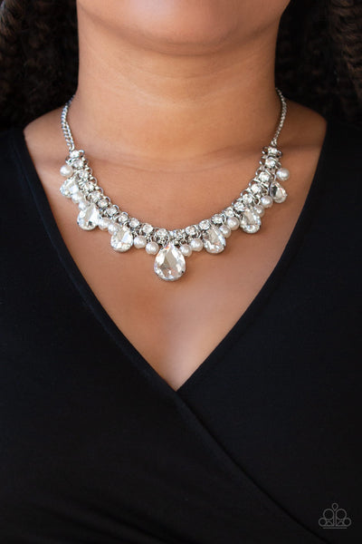 Knockout Queen Necklaces-Lovelee's Treasures-bubbly white pearls,glamorous,jewelery,necklaces,white rhinestones,white teardrop gems