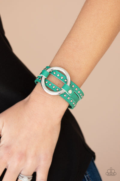 Studded Statement-Maker   Bracelets-Lovelee's Treasures-adjustable snap closure,bracelets,green,jewelery,leather band,silver studs