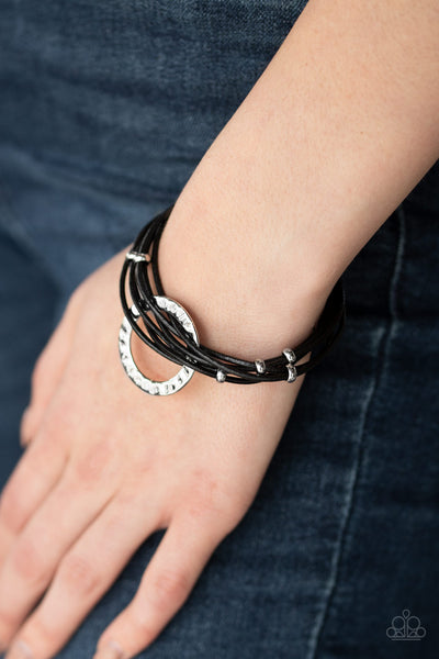 Magnetic Muse  Bracelets-Lovelee's Treasures-black,bracelets,hammered silver hoop,jewelery,magnetic clasp,Shiny black cords