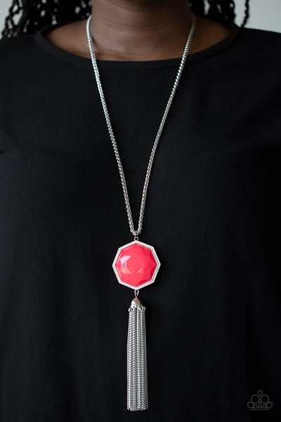 Prismatically Polygon   Necklaces    745-Lovelee's Treasures-jewelery,necklaces,neon pink,polygon frame,silver tassel