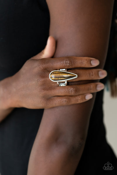 Spiritual Awakening    Rings-Lovelee's Treasures-brown,elongated Tiger's Eye,jewelery,rings,stretchy band,teardrop