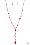Paparazzi ~ Afterglow Party - Red  Necklaces-Lovelee's Treasures-crystal-like beads,jewelery,necklaces,red,silver,teardrop