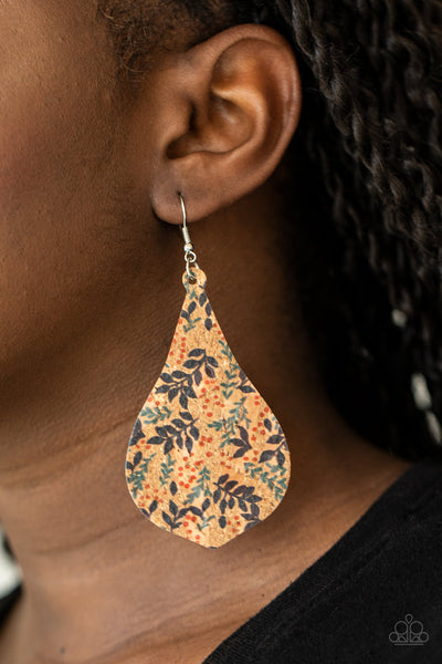 Cork Coast Earrings-Lovelee's Treasures-colorful leafy pattern,earrings,jewelry,multi,standard fishhook fitting,teardrop cork frame