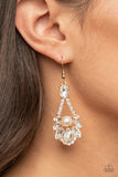 Prismatic Presence Earrings-Lovelee's Treasures-dainty white pearl,earrings,encrusted gold frames,gold,jewelry,standard fishhook fitting,teardrop white rhinestones
