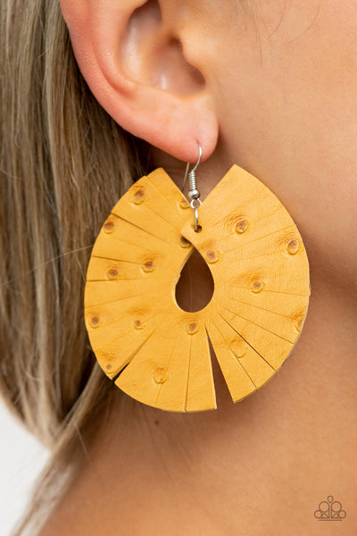 Palm Islands - Yellow  Earrings-Lovelee's Treasures-earrings,fringe-like pattern,jewelery,leather,stand,standard fishhook,yellow
