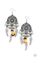 Desert Plains     Earrings-Lovelee's Treasures-blue,brown feather,earrings,feathers,jewelery,silver feather charms,standard fishhook fitting,turquoise stones,wooden cube beads