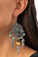 Desert Plains     Earrings-Lovelee's Treasures-blue,brown feather,earrings,feathers,jewelery,silver feather charms,standard fishhook fitting,turquoise stones,wooden cube beads