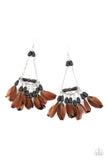Haute Hawk Earrings-Lovelee's Treasures-black,black stone teardrop beads,dainty brown feathers,earrings,jewelry,shimmery silver chain teardrop,standard fishhook fitting,wooden accent