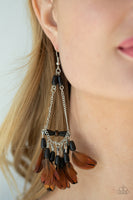 Haute Hawk Earrings-Lovelee's Treasures-black,black stone teardrop beads,dainty brown feathers,earrings,jewelry,shimmery silver chain teardrop,standard fishhook fitting,wooden accent
