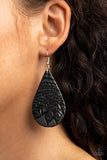 Everyone Remain PALM! Earrings-Lovelee's Treasures-black,earrings,earthy black,jewelry,leafy palm-like pattern,leather teardrop,standard fishhook fitting