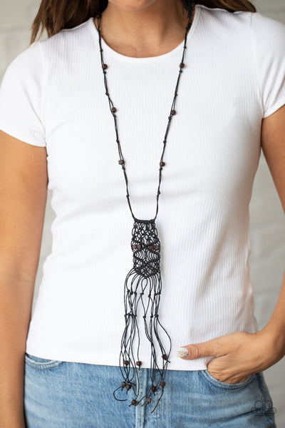 Macrame Majesty Necklaces-Lovelee's Treasures-adjustable sliding knot closure,black,earthy flair,jewelry,necklaces,shiny black cording,square wooden beads,whimsically tasseled macramé