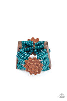 Tropical Sanctuary Bracelets-Lovelee's Treasures-blue,blue wooden beads,bracelets,jewelery,oversized rectangular fitting,stretchy band,wooden floral frame