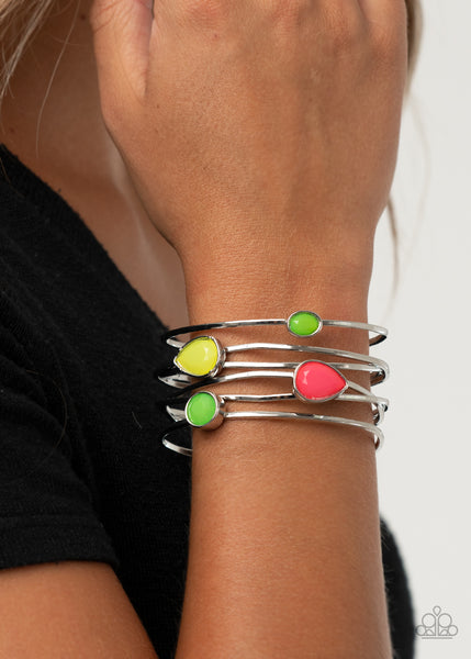 Fashion Frenzy Bracelets-Lovelee's Treasures-bracelets,crisscrossing silver bars,faceted green,Green Sheen beads,jewelry,multi,pink,retro cuff