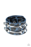 Safari Scene Bracelets-Lovelee's Treasures-adjustable snap closure,blue,bracelets,cheetah print,jewelry,thick leather band,Two arcing silver bars