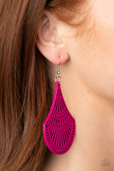 Tropical Tempest Earrings-Lovelee's Treasures-airy stenciled pattern,earrings,jewelry,pink,Pink Peacock finish,standard fishhook fitting,wooden teardrop-like frame
