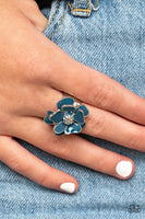 Hibiscus Holiday Rings-Lovelee's Treasures-blue,colorful petals,jewelery,rings,stretchy band,sunny yellow finish,white rhinestones,yellow