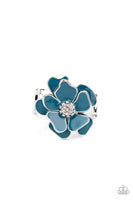 Hibiscus Holiday Rings-Lovelee's Treasures-blue,colorful petals,jewelery,rings,stretchy band,sunny yellow finish,white rhinestones,yellow