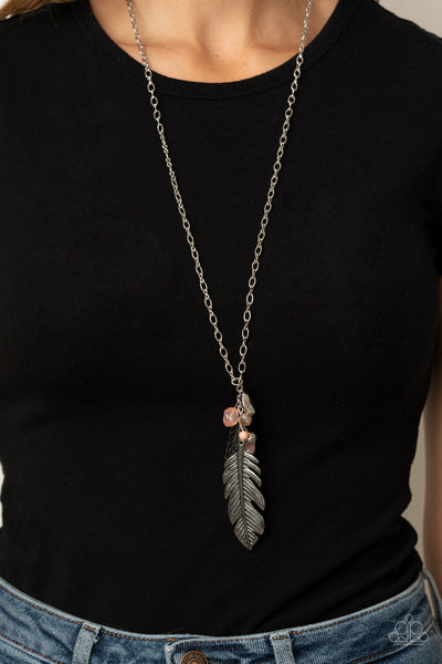 Feather Flair Necklaces-Lovelee's Treasures-adjustable clasp closure,jewelery,lengthened silver chain,necklaces,pink,rose tan beads,silver beads
