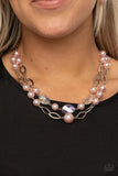 Fluent In Affluence Necklaces-Lovelee's Treasures-adjustable clasp closure,colorfully timeless layers,iridescent crystal-like gems,jewelry,necklaces,pearly pink beads,pink,shimmery silver ovals,white