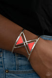 Pyramid Palace Bracelets-Lovelee's Treasures-airy silver cuff,blue,blue acrylic triangles,bracelets,iridescent finish,jewelry,overlapping silver triangle frames,red,red acrylic triangles