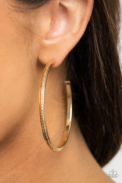 Paparazzi - Sultry Shimmer - Gold  Earrings-Lovelee's Treasures-2 1/2" in diameter,black,diamond-cut texture,earrings,gold,hoop,jewelery,standard post fitting
