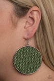 Wonderfully Woven Earrings-Lovelee's Treasures-earrings,green,jewelery,silver discs,standard fishhook,twine-like,white,wooven,yellow