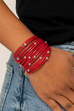 Fearlessly Layered - Red Bracelets-Lovelee's Treasures-bracelets,glassy white rhinestones,jewelry,leather,red,snap closure