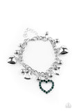 Beautifully Big-Hearted Bracelets-Lovelee's Treasures-adjustable clasp closure,bracelets,classic silver beads,encrusted frame,green,green rhinestones,heart shaped frames,jewelry,silver heart charms