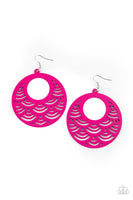 SEA Le Vie! Earrings-Lovelee's Treasures-airy scalloped cutout pattern,black,colorful tropical inspiration,earrings,jewelry,pink,shiny black wooden frame,standard fishhook fitting