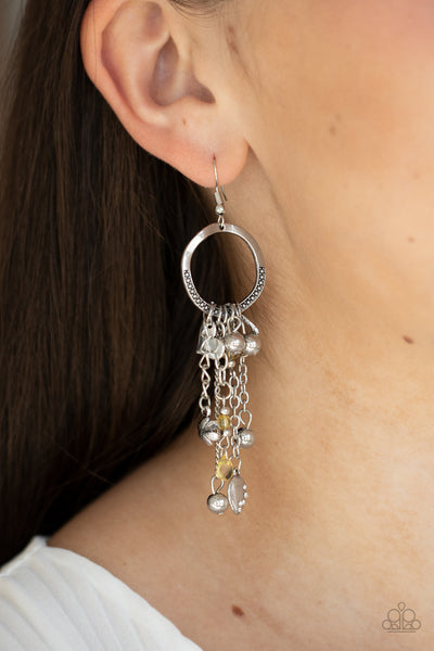 Paparazzi ~ Charm School Earrings -Yellow-Lovelee's Treasures-dainty silver chain,earrings,flirty collection of silver charms,glassy yellow beads,heart and floral shapes,jewelry,standard fishhook fitting,studded silver hoop,whimsical fringe,yellow