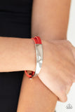 Paparazzi ~ A Notch Above The Rest Bracelets-Lovelee's Treasures-asymmetrical silver bar,bracelets,hammered silver bead,hook closure,jewelry,red,red leather