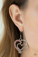 Double the Heartache Earrings-Lovelee's Treasures-earrings,jewelry,pink,pink rhinestones,romantic frame,shimmery silver hearts,standard fishhook fitting