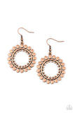 Radiating Radiance Earrings-Lovelee's Treasures-airy copper studded center,antiqued copper ring,Asymmetrical copper discs,copper,earrings,jewelry,radiant hoop,standard fishhook fitting