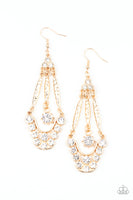 High-Ranking Radiance - Gold Earrings New Arrivals-Lovelee's Treasures-chandelier,earrings,glassy white rhinestones,gold,hammered,jewelry,new arrivals 5/6/21,solitaire white rhinestone,standard fishhook fitting